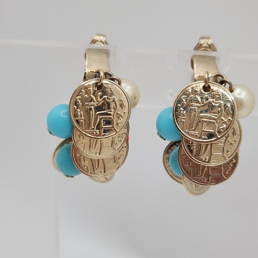 Vintage Egyptian Revival Coin Cha Cha Clip On Earrings‎ Faux Turquoise Gold Tone